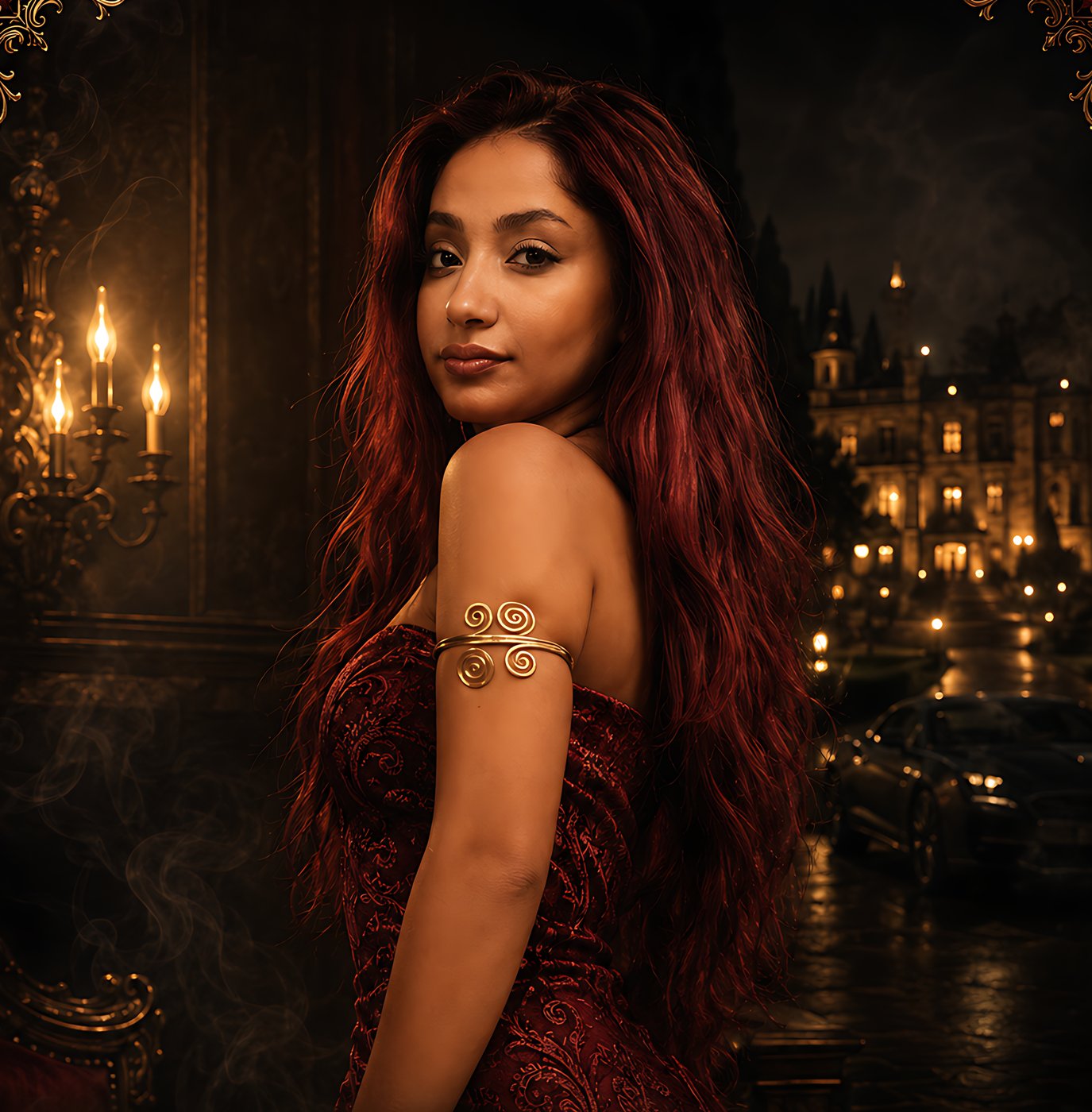 Key art: Daniel De Loco in a red damask dress, candlelit interior